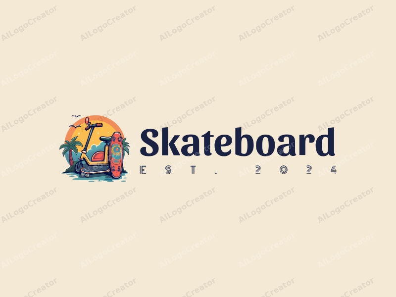 playful design features vibrant skateboards, stylized scooters, and surfboards, combined with a clean background and a fun, energetic composition.