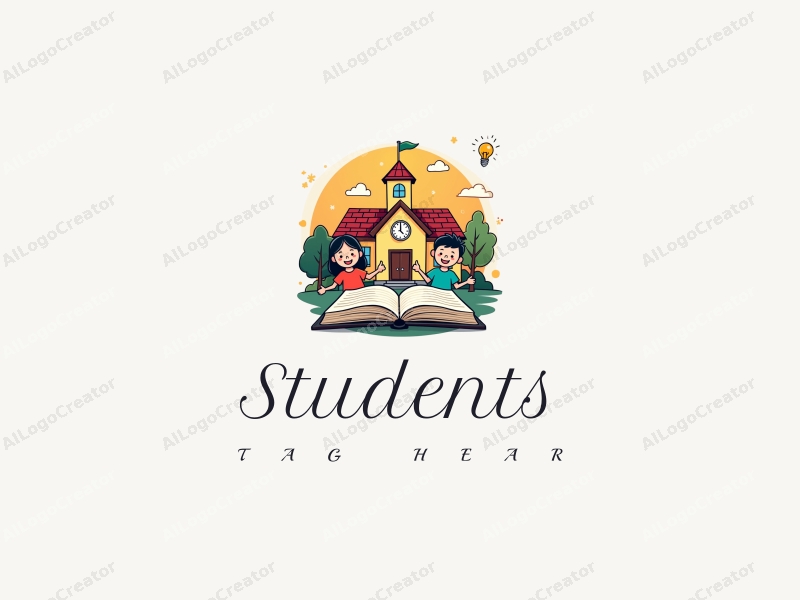 playful design features cheerful students, a stylized school building, open books, and lightbulbs, combined with a vibrant and colorful background.