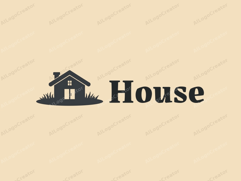 modern design features a stylized house and building silhouette, incorporating doors and windows with a clean background.