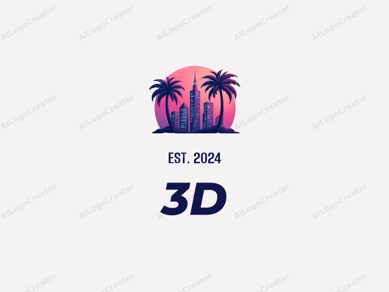 a modern design featuring 3D dynamic elements, palm trees, and a city skyline, using a vibrant purple and pink color palette, combined with a clean background.