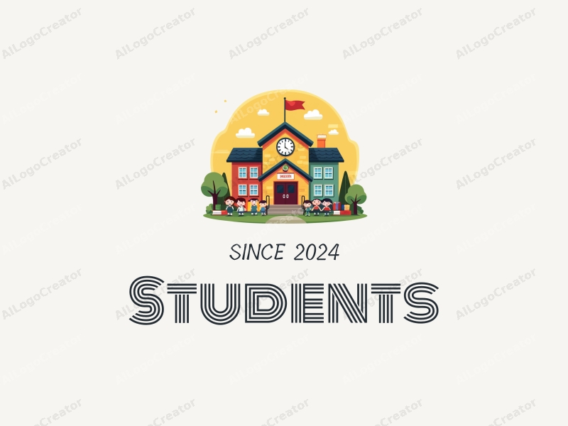 playful design features cheerful students, a stylized school building, and colorful books and bookshelves, combined with a clean background.