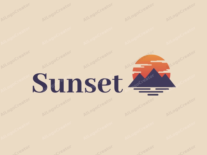 vintage design features a stylized sunset over mountains and ocean, with a harmonious blend of orange and purple colors, creating a clean and simple composition.