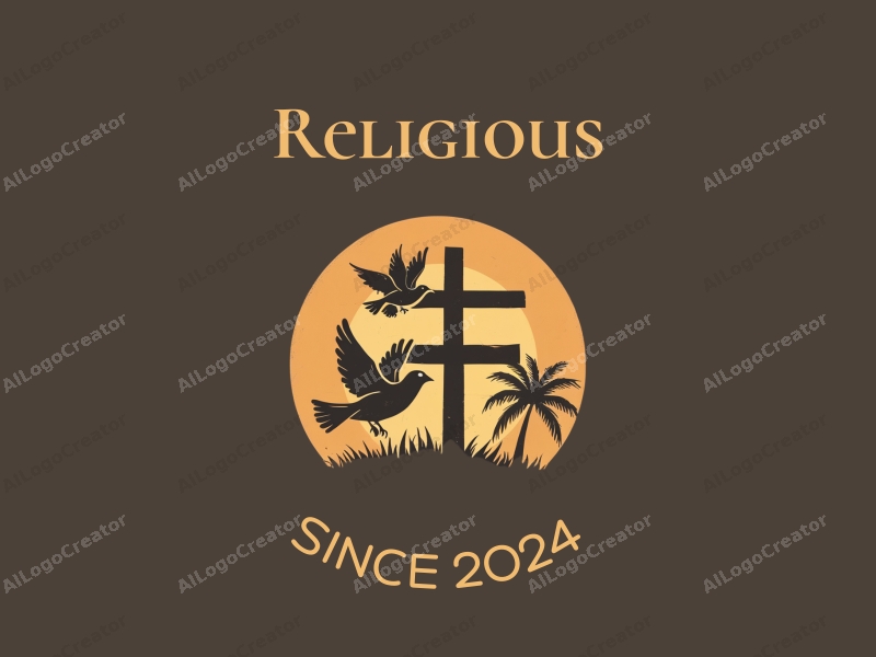 vintage design features a stylized cross, a dove, and a palm tree, combined with a golden color palette and a clean background.