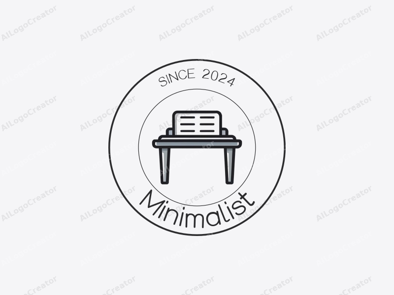 minimalist design features a stylized office desk with sheets of paper, using clean lines and a simple composition against a white background.