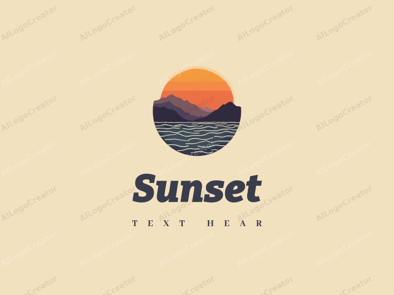 vintage design features a stylized sunset over mountains, with gentle waves in the foreground, using a harmonious blend of orange and purple colors against a clean background.