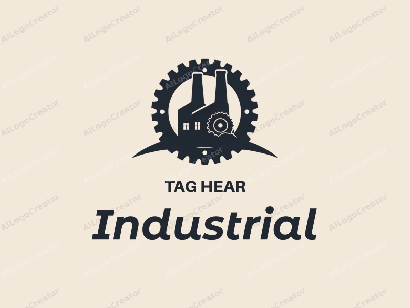 modern design features a stylized factory silhouette, interlocking gears, and an assembly line, combined with a clean background.