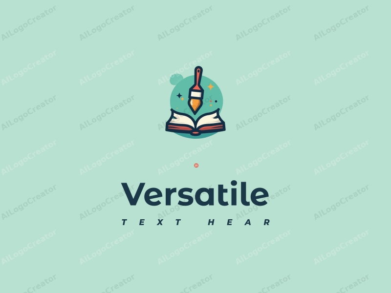 a modern minimalist design featuring a stylized paintbrush and an open book, incorporating multifunctional and adaptable elements, combined with a clean background in blue and green tones.