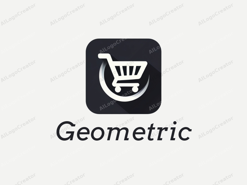 geometric design features a stylized shopping cart integrated within a square and circle composition, utilizing black and white colors for a clean and modern aesthetic.