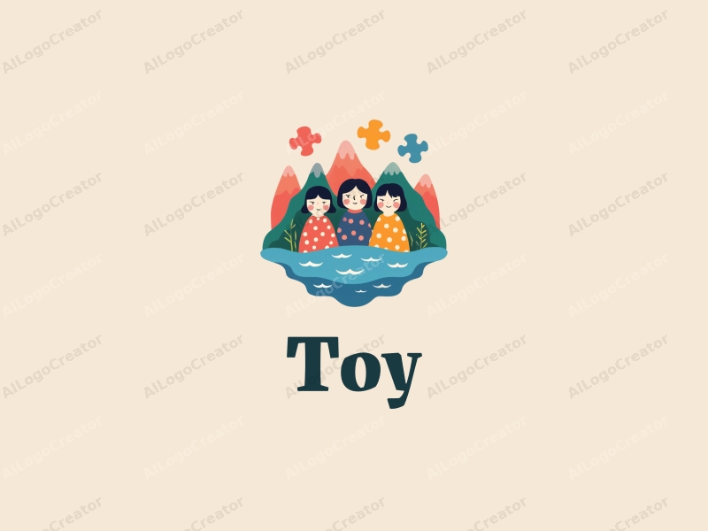 playful design features whimsical dolls and colorful puzzles integrated with stylized mountains and water, combined with a clean background.