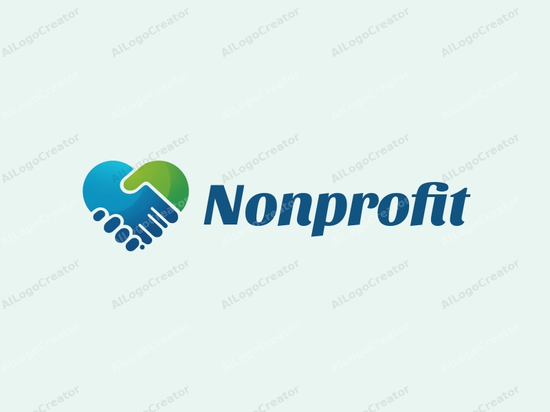 modern design features a stylized heart and handshake symbolizing charity and volunteerism, combined with a clean background in blue and green tones.