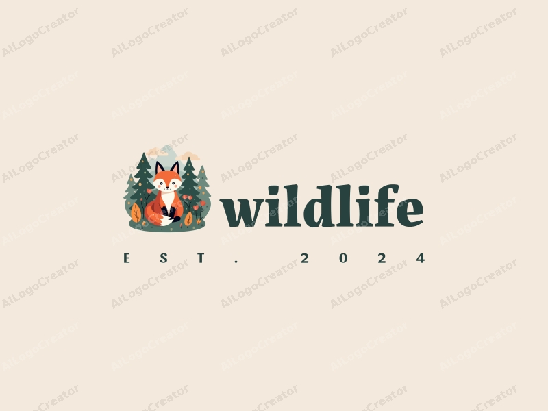 playful design features a stylized fox amidst a vibrant forest landscape, incorporating elements of wildlife and nature, with a clean background and harmonious composition.