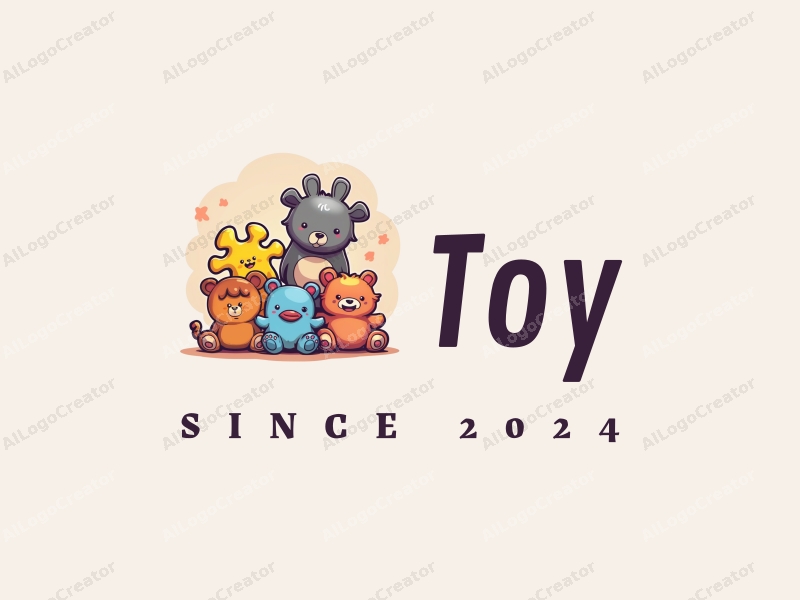 playful design features colorful plush toys and puzzle pieces, combined with a whimsical approach and a clean background.