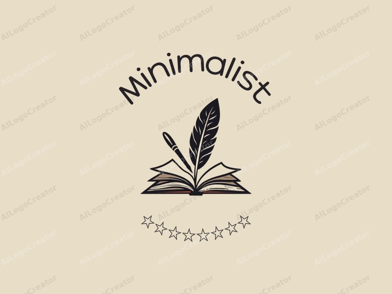 minimalist design features simple outlines of books and pens, a stylized feather, combined with a clean background and linear design approach.