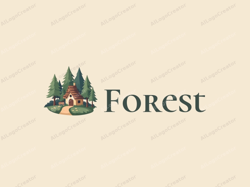 vintage design features a serene forest scene with stylized trees, a whimsical treehouse nestled among the branches, and a winding pathway, all combined with a clean background.