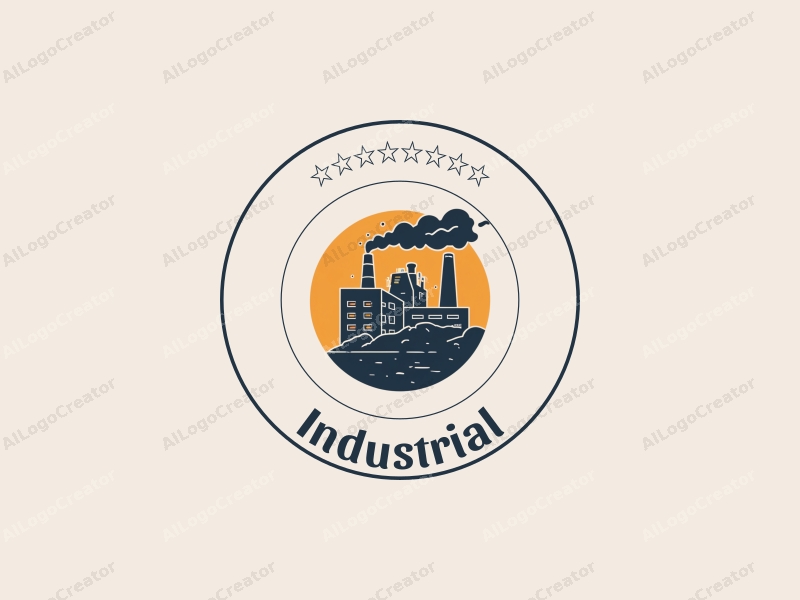 modern design features a stylized factory silhouette, robotic elements, and interlocking gears, combined with a clean background.