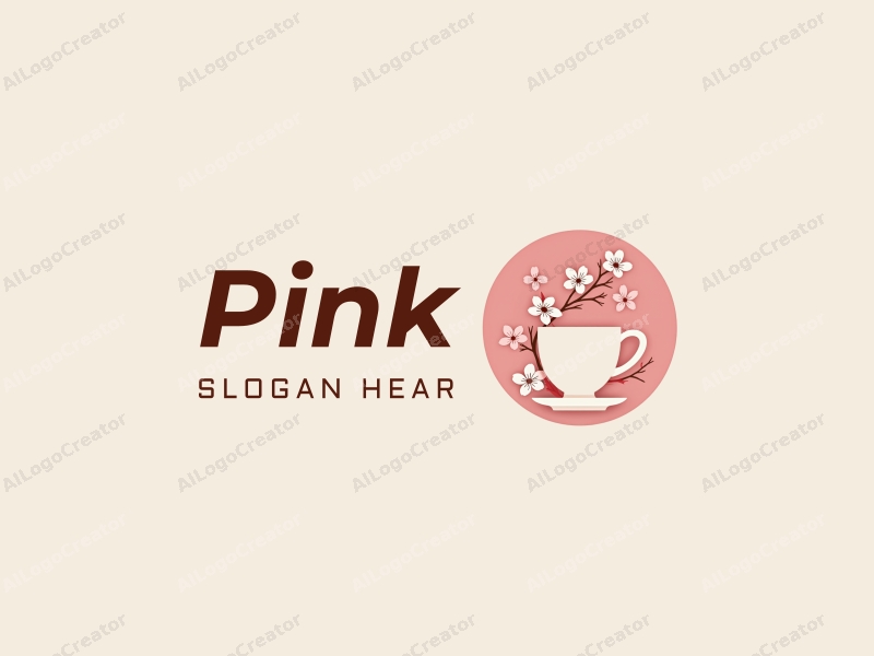 minimalist design features delicate cherry blossom petals surrounding a simple cup, with a clean background emphasizing the soft pink color.