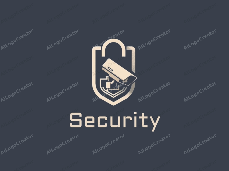 modern design features a stylized shield and lock, integrated with a surveillance camera, using a clean background and a harmonious composition.