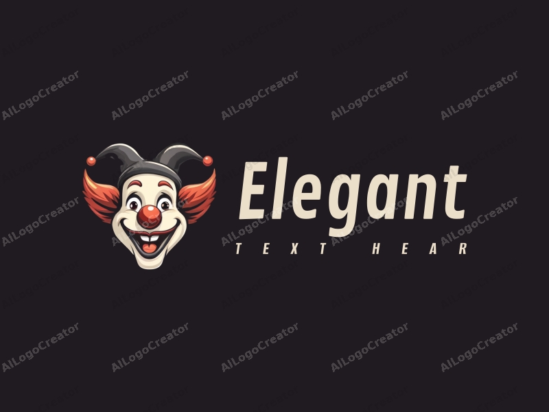 modern design features elegant and refined elements, a stylized clown with musical notes, combined with a clean black background.