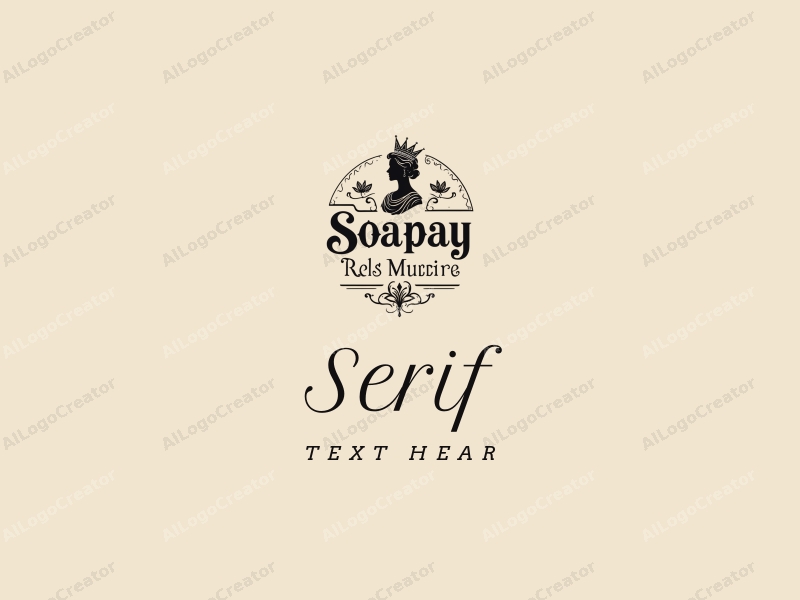 vintage design features elegant serif fonts, a stylized queen silhouette, and a soap element combined with a clean background.