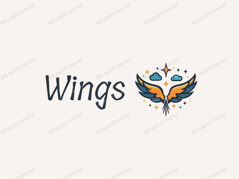 playful design features stylized wings and a flying motif, surrounded by clouds and stars, combined with a clean background.