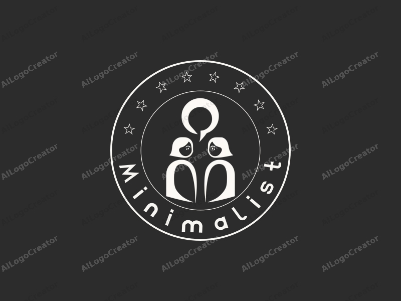 minimalist design features simple lines, stylized human figures engaged in dialogue, and a tag style approach combined with a clean black and white background.