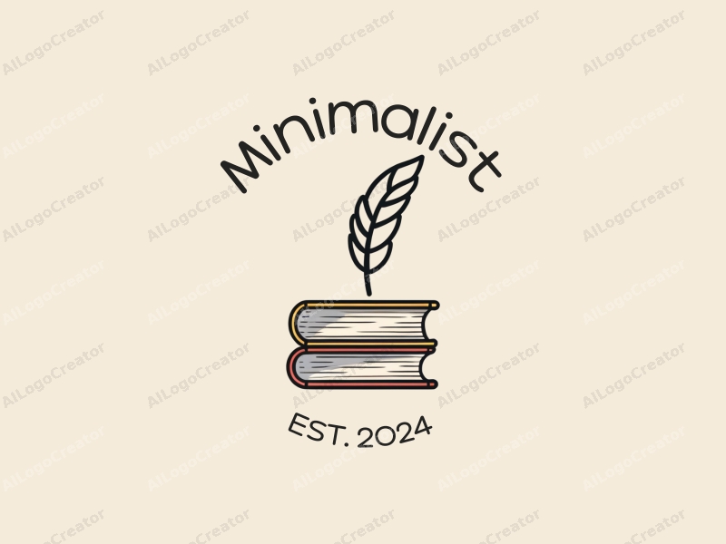 minimalist design features simple outlines of books and pens, a stylized feather, combined with a clean background and linear design approach.