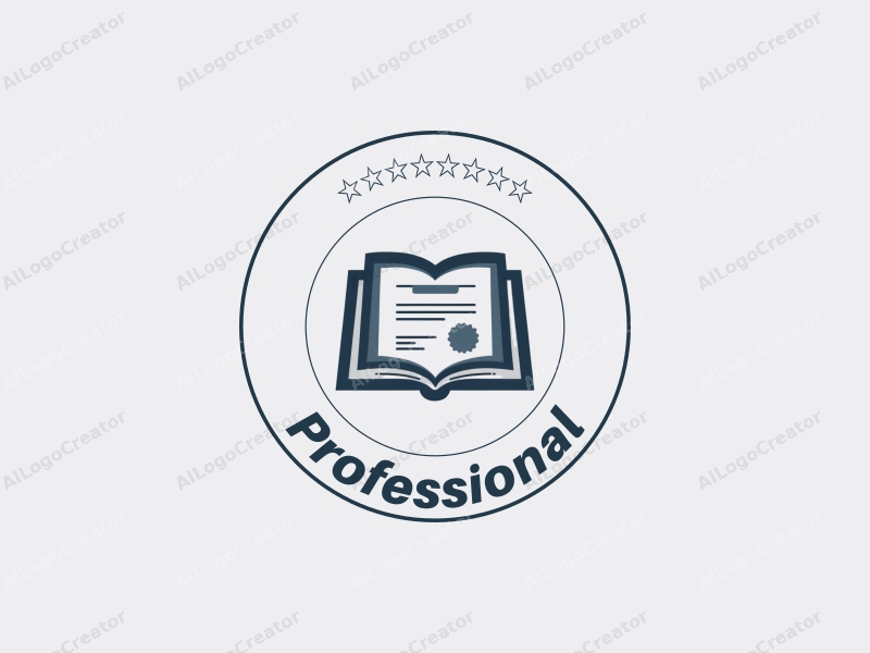 modern design features a stylized book and certificate, representing professionalism and certification, combined with a clean background in blue and gray tones.