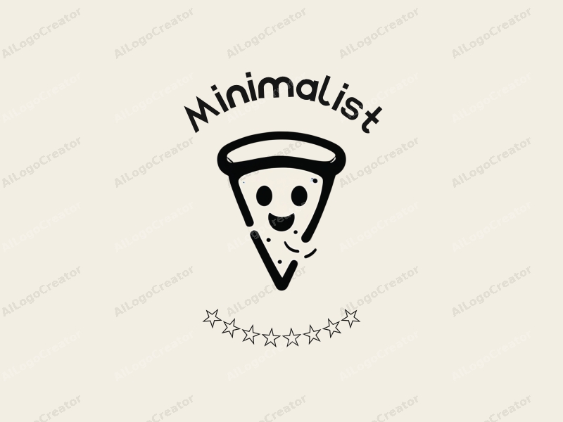 minimalist design features a humorous face integrated with a pizza slice, using clean lines and a tag style approach combined with a black and white color scheme.