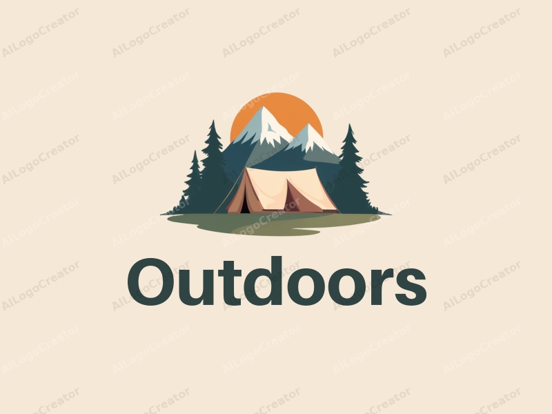 modern design features a stylized canvas tent and mountain peaks, combined with a clean background and a harmonious composition.