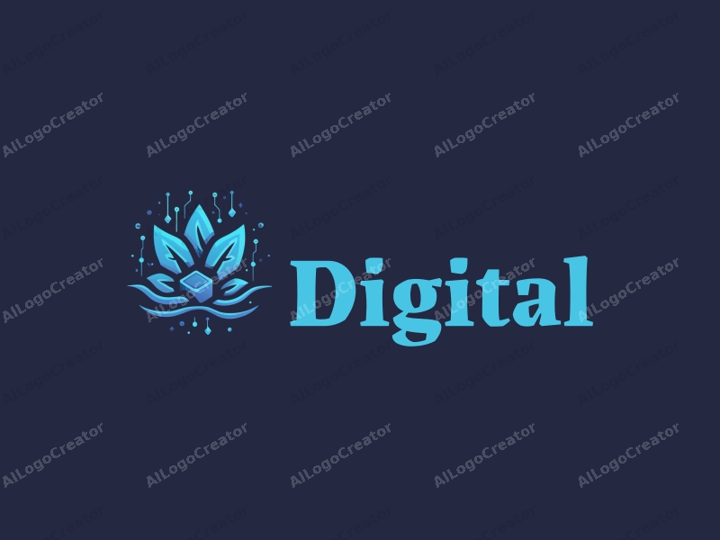 a modern minimalist design featuring digital elements like circuit patterns, stylized juice and ice cubes, combined with a clean background in blue and black colors.