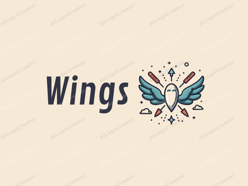 playful design features stylized wings and arrows soaring through fluffy clouds, combined with a clean background.