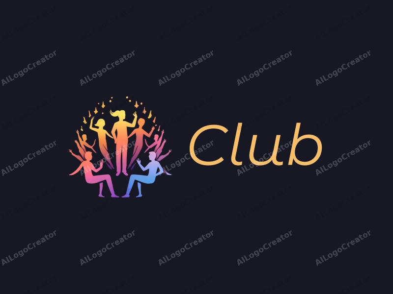 a modern minimalist design featuring abstract representations of a club environment, social interactions, and elements of music and dance, combined with a clean black background.