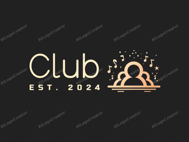 a modern minimalist design featuring a stylized club silhouette, social interaction symbols, and music notes, combined with a clean black background.