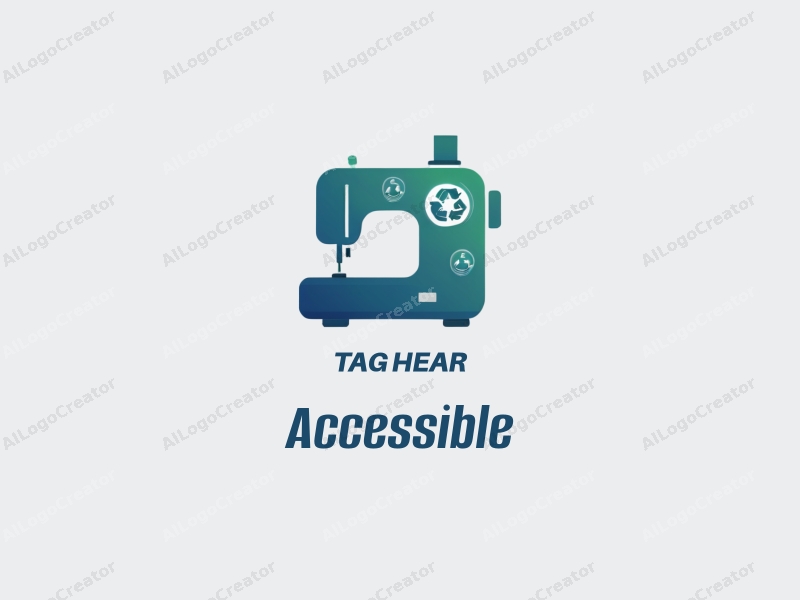 modern design features accessibility elements, a stylized sewing machine, and recyclable materials, combined with a clean background in blue and green tones.