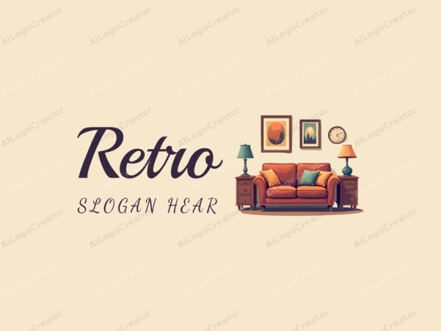 vintage design features a retro sofa, a retro poster, a retro clock, and a retro lamp, combined with a clean background and harmonious composition.