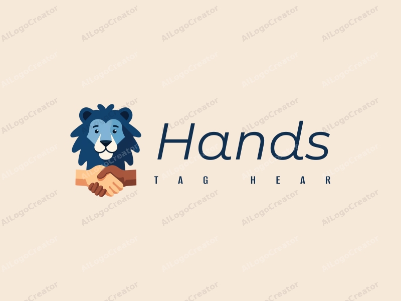 a modern design featuring a blue lion and a hand engaging in a handshake, with skin tone accents, set against a clean background.