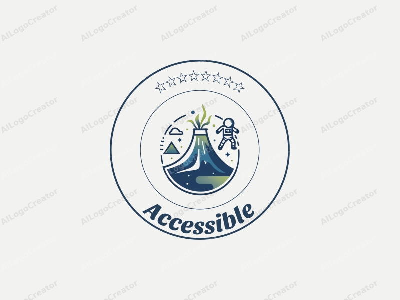 a modern design featuring accessibility elements and inclusive design concepts, combined with an astronaut and a volcano, set against a clean background in blue and green tones.