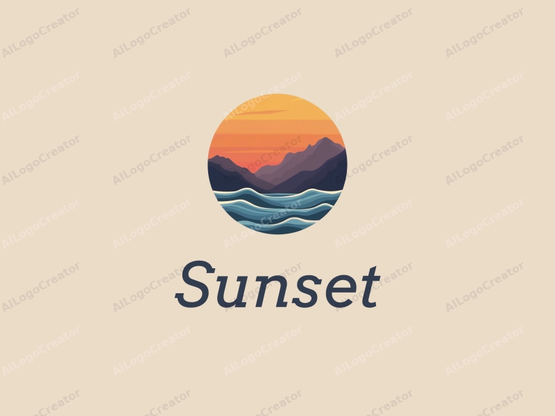 vintage design features a stylized sunset over mountains, with waves in the foreground, using a harmonious blend of orange and purple colors against a clean background.