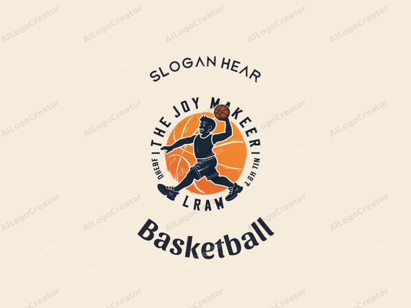 playful design features a stylized basketball, an athlete in motion, and elements of laughter combined with a clean background.