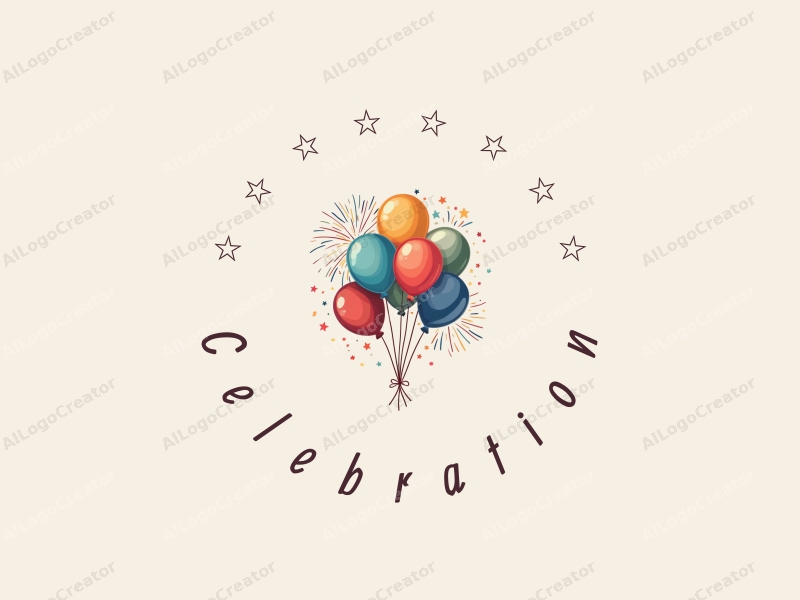 playful design features colorful balloons and vibrant fireworks, combined with a gold accent, creating a festive atmosphere with a clean background.