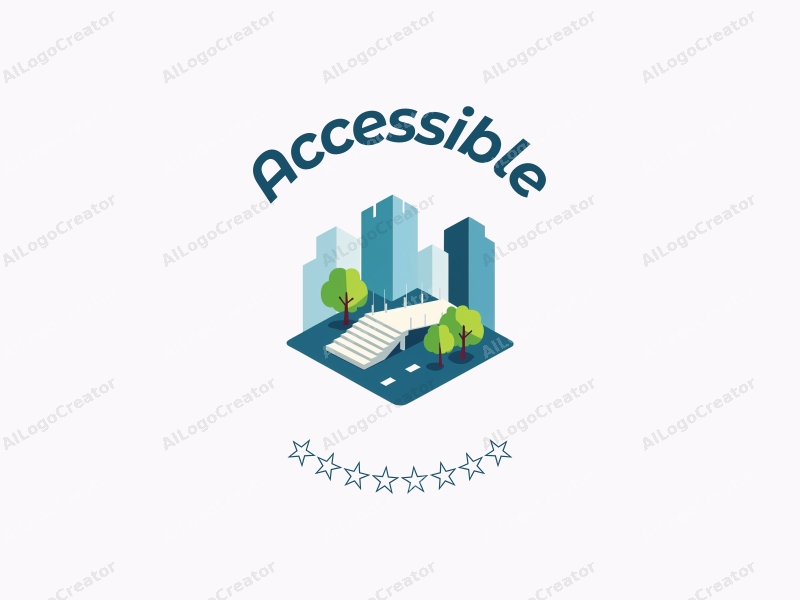 modern design features accessibility elements like ramps and stairs, combined with a clean background in blue and green colors, emphasizing inclusivity and urban planning.