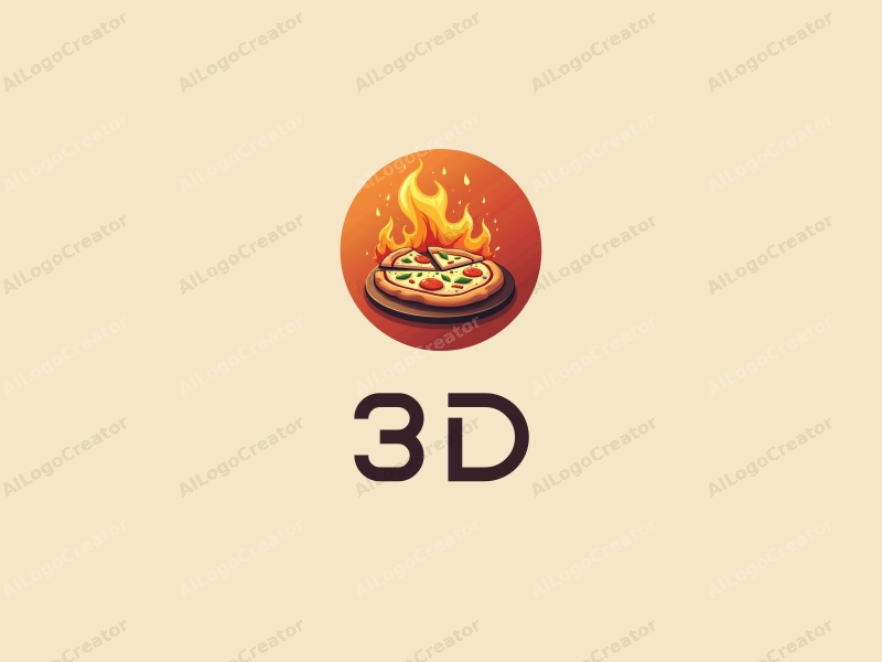 a modern design featuring 3D dynamic elements of a pizza with flames, incorporating vibrant colors and a clean background.