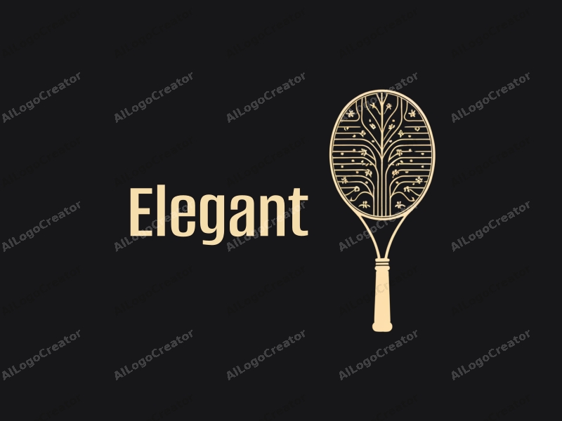 a modern minimalist design featuring a stylized tennis racket intertwined with elegant floral elements, set against a clean black background.