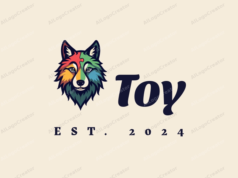 playful design features a colorful wolf head integrated with puzzle pieces and a doll, combined with a clean background.