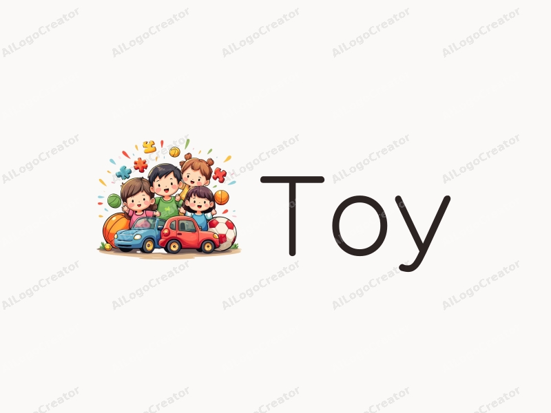 playful design features a vibrant arrangement of dolls, puzzles, toy cars, and sports balls, combined with a clean background and a whimsical approach.