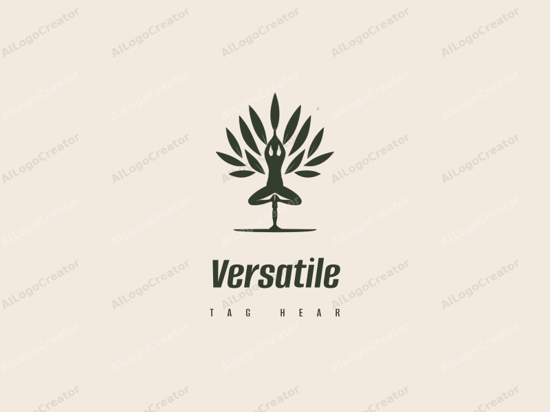 modern design features a stylized olive tree intertwined with a yoga pose silhouette, incorporating multifunctional and adaptable elements, combined with a clean background.