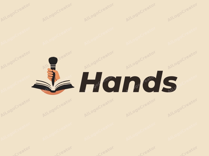 a modern design featuring a hand holding a paintbrush and a book, with a skin tone color palette, combined with a clean and simple background.