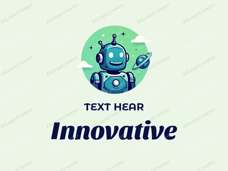 a modern design featuring a stylized robot and planet, incorporating elements of innovation and future, with a clean background in blue and green colors.