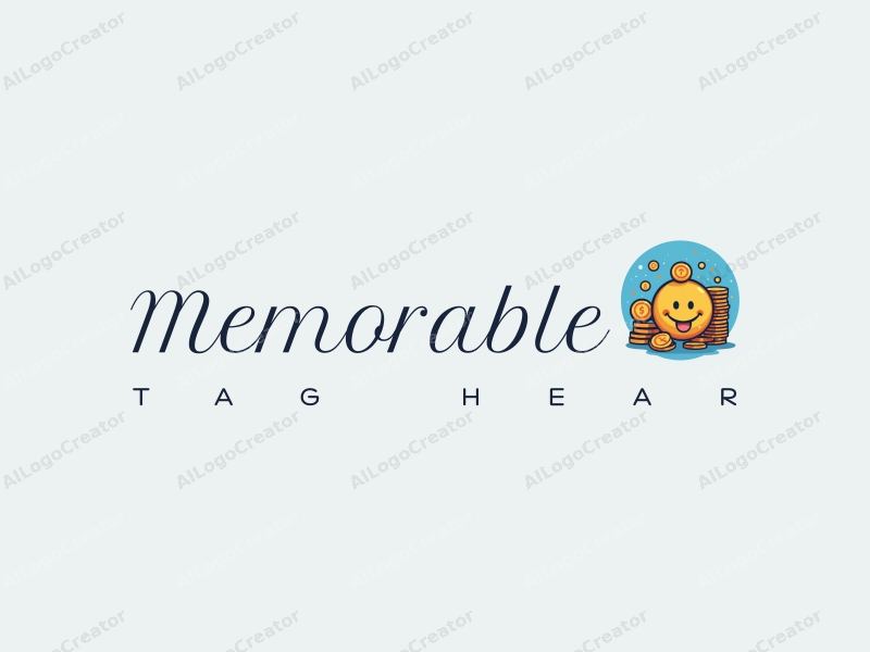 playful design features a stylized smiley face and coins, representing memories and iconic symbols, combined with a clean background in blue and orange colors.