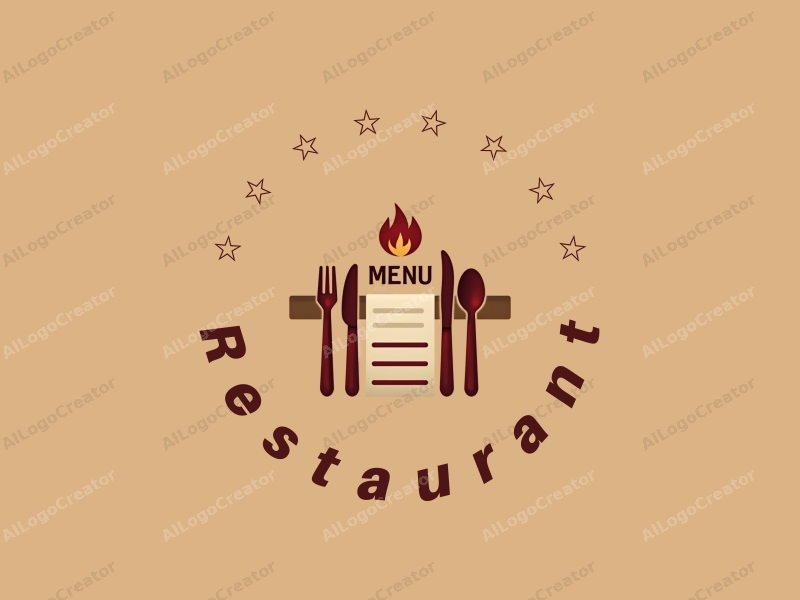 modern design features a stylized dining table with a menu, red cutlery elegantly arranged, and a subtle flame motif, combined with a clean background.